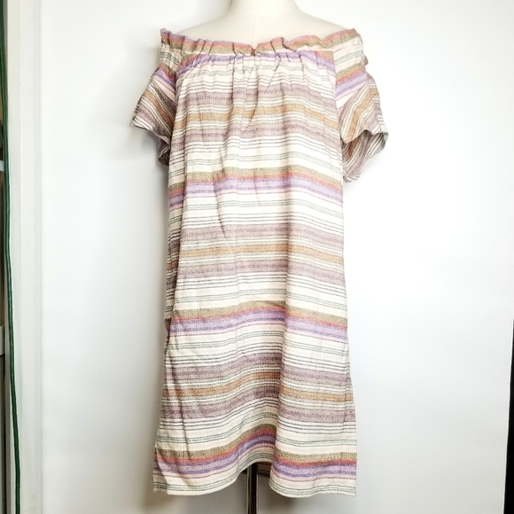Philosophy Stripes Pastel Colored Off The Shoulder Short Dress  with Pockets, L - Picture 1 of 12